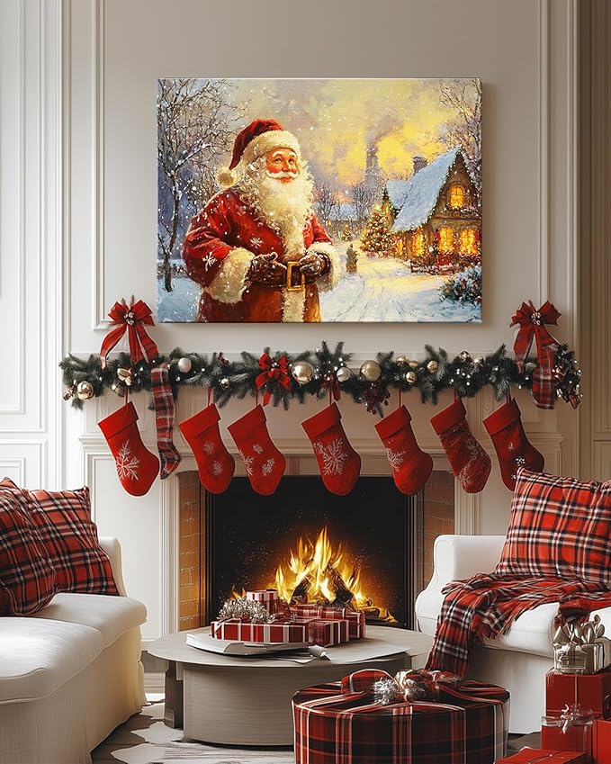 Vintage Santa Claus Christmas Canvas Wall Art - Festive Holiday Painting for Living Room,Bedroom & Bathroom, Cozy Winter Decor Framed Print, Perfect Christmas Gifts & Home Decoration