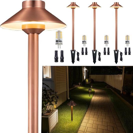 Outdoor Brass Pathway Lights, Low Voltage Landscape Path Light Wired, 12v Walkway Lamp LED Waterproof, Hat-top Copper for Outside Garden Yard Driveway with 3W 270LM 3000K G4 Bulb (4 Pack)