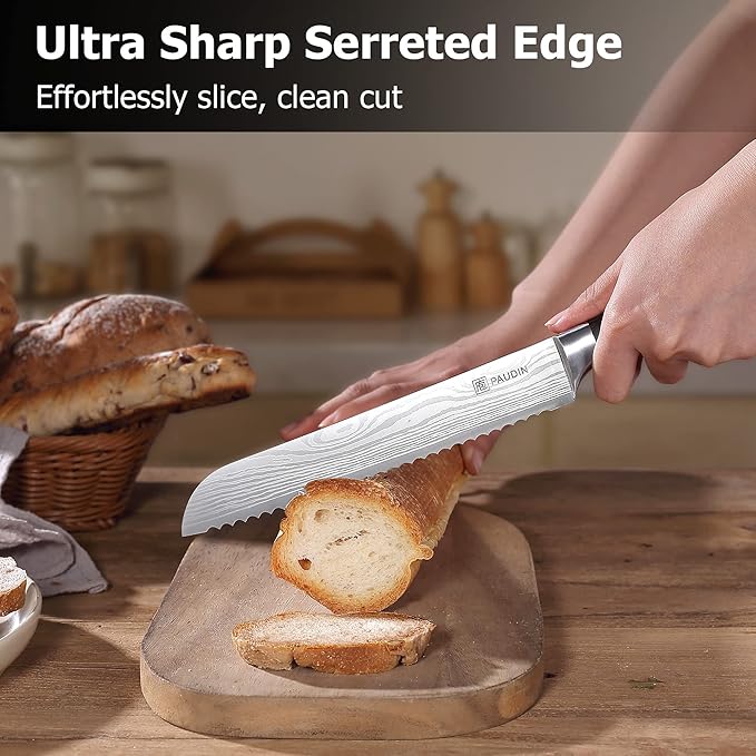 PAUDIN Bread Knife 8", Ultra Sharp Knife Wave Edge - Forged Premium German HC Stainless Steel, Serrated Bread Knife for Homemade Bread and Sourdough Bread, Pakkawood Handle