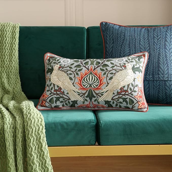 Design Lumbar Retro Elegant Linen Throw Pillow Covers 12"x20" Pack of 2, Blue Gray Floral Vine Pattern Cushion Covers Decor Rectangle Pillowcases for Bed,Living Room,Outdoor,Car