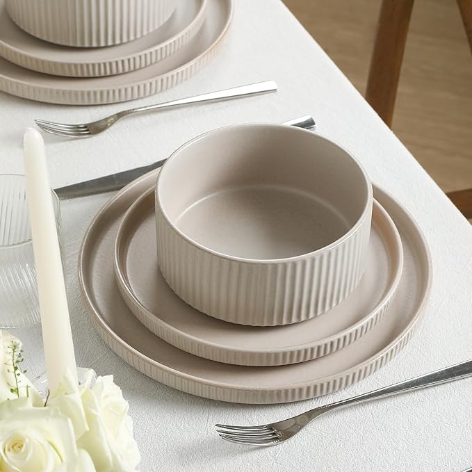 Stone Lain Haven Modern Stoneware 4 Piece Bowls Sets, Dish Set for 4, Reactive Glaze Sandy White