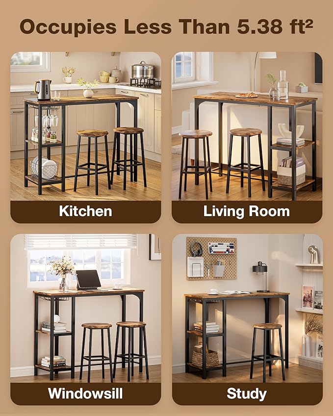 3-Piece Bar Table Set for 2, Table with Stools & 2 Storage Shelves, Small Bar Table Set with Glass Rack, Small Kitchen Table for Dining Room, Living Room, Rustic Brown