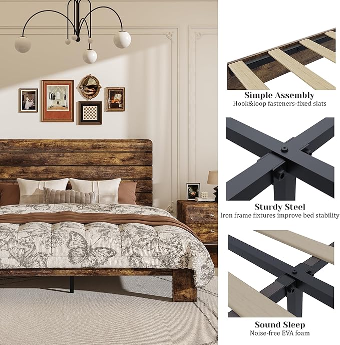 King Size Wooden Bed Frame with Headboard, Rustic Farmhouse Platform Bedframe with Wood Slat Support, Sturdy and No Noise, Easy Assembly (Brown, King)