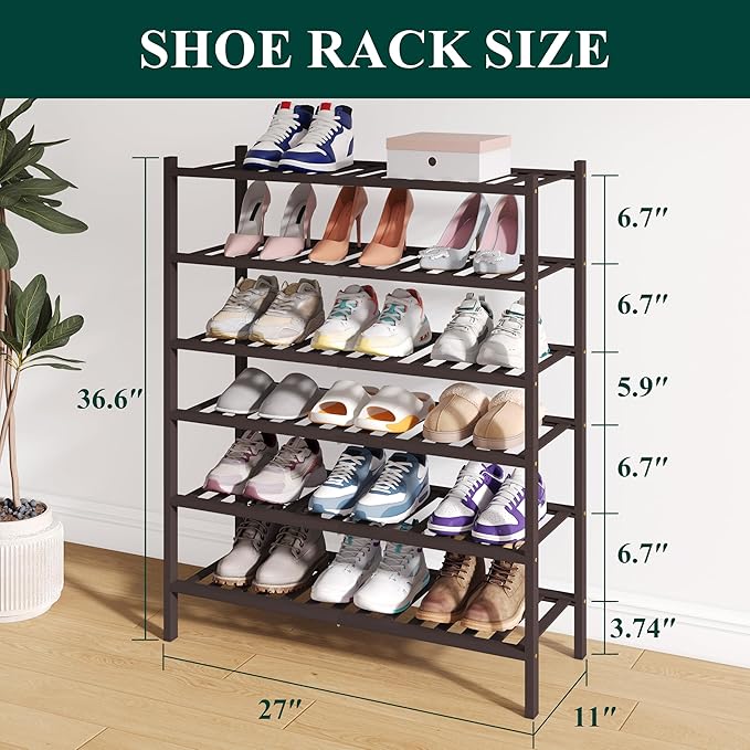 Smiry Bamboo Shoe Rack for Closet, 6 Tier Wooden Stackable Shoe Organizer, Free Standing Shoes Storage Shelf for Entryway, Front Door Entrance, Brown