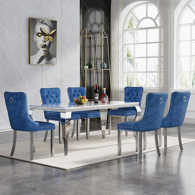 Goujxcy 70" Marble Dining Table Set for 6, Modern 7 Piece Dining Room Table Set with White Faux Marble Dining Table & 6 Blue Velvet Upholstered Chairs, Luxury Silver Kitchen Table Chairs Set of 6