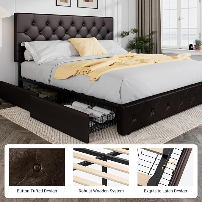 Allewie Upholstered King Size Platform Bed Frame with 4 Storage Drawers and Headboard, Diamond Stitched Button Tufted, Mattress Foundation with Wooden Slats Support, Black Brown