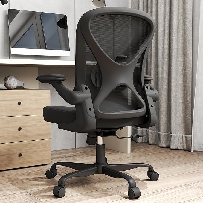 ZZH Mesh Office Chair with Adjustable Lumbar Support, Ergonomic Home Office Desk Chair with Wheels and Flip-up Arms, Black