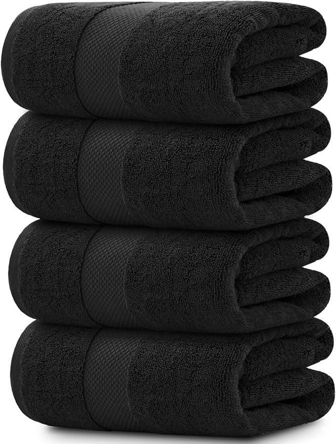 White Classic Luxury Bath Towels Set of 4 Large - 700 GSM Cotton Ultra Soft Bath Towels 27x54 | Highly Absorbent and Quick Dry | Hotel Towels for Bathroom Luxury, Plush Shower Towels, Black