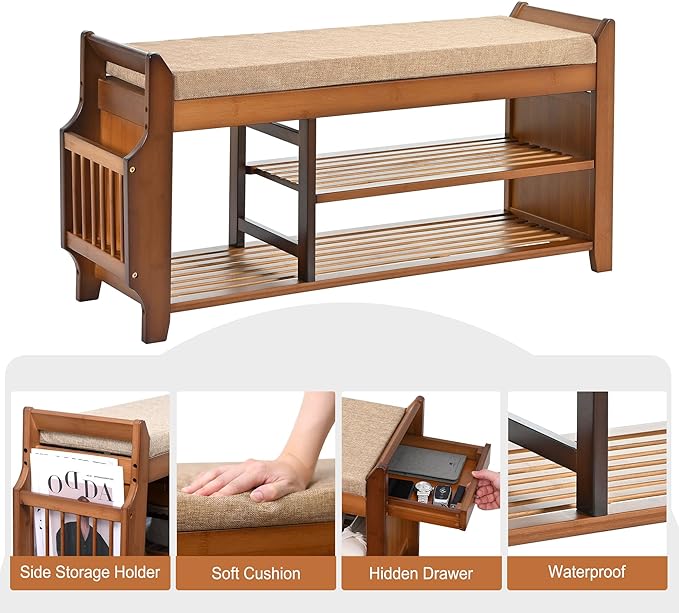 Shoe Bench with Hidden Drawer and Side Holder, 2 Tier Entryway Bench with Storage 39.4 in, Bamboo Shoe Rack with Cushion for Entryway Hallway Living Room Bedroom