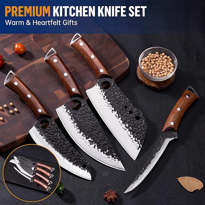 Butcher Knife Set, KITNATS 4PCS Hand Forged kitchen knives Set-Meat Cleaver Knife & Serbian Chef Knives & Vegetable Knives & Boning Knifes, Viking Knives for Kitchen, Outdoor Cooking, BBQ Gift for Men