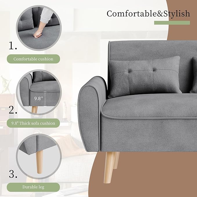 Vongrasig 47" Small Modern Loveseat Sofa, Mid Century Linen Fabric 2-Seat Sofa Couch Tufted Love Seat with Back Cushions and Tapered Legs for Living Room, Bedroom and Small Space (Light Gray)