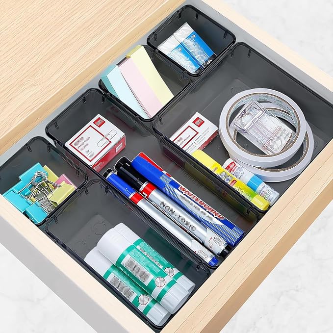 25 PCS Drawer Organizer Set, 4 Varied Size Bathroom and kitchen Drawer cabinet organizer Trays, Clear Storage Bins for Makeup, Jewelry, Utensils and Gadgets，Black