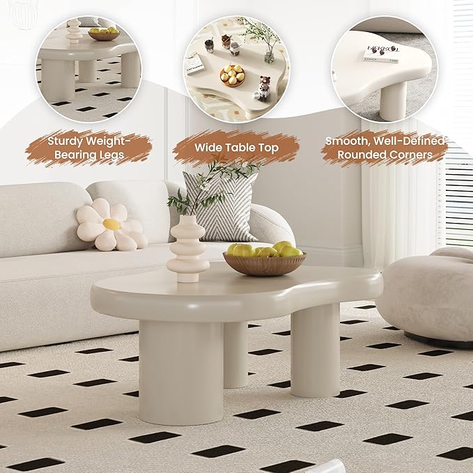 Coffee Table- Cloud Coffee Table, Unique Irregular Living Room Tables, Modern Cute Tea Tables with 3 Sturdy Legs for Apartment Nursery Indoor, Easy Assemble& Clean
