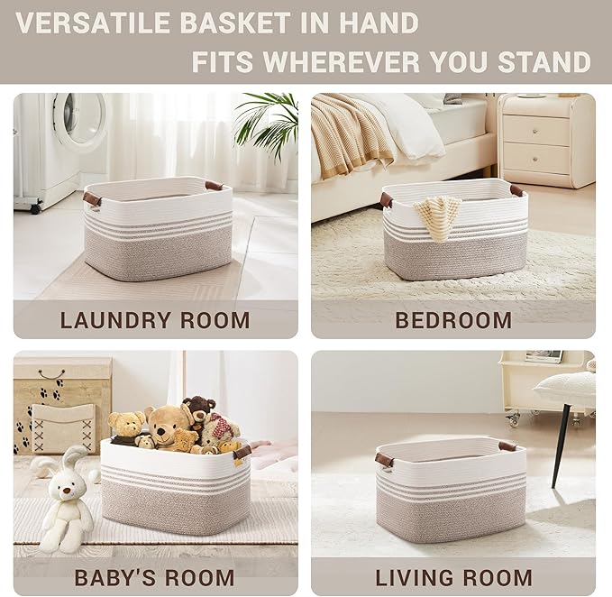 Laundry basket with leather handles for clothes,blankets,pillows,toys,towels,suitable for bedrooms,living rooms,cotton woven laundry hamper,extra large gift basket,(21"x15"x11",Beige Brown)