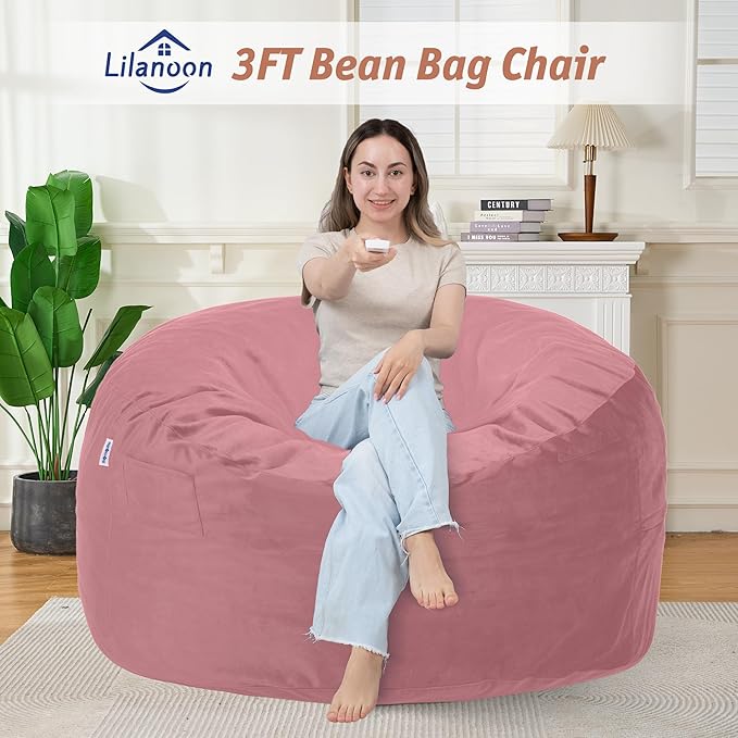 3FT Bean Bag Chair with Ultra Soft Velvet Cover Bean Bag Sofa with Memory Foam Bean Bag Chairs with Large Size Lazy Sofa for Dorm Office Living Room Bedroom Soft Pink 3'
