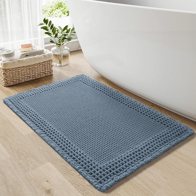 RESARE Waffle Bath Mat - Super Absorbent Non Slip Machine Washable Boho Bath Rugs with Tassels, Upgraded Bordered Design, 17"x24" Blue