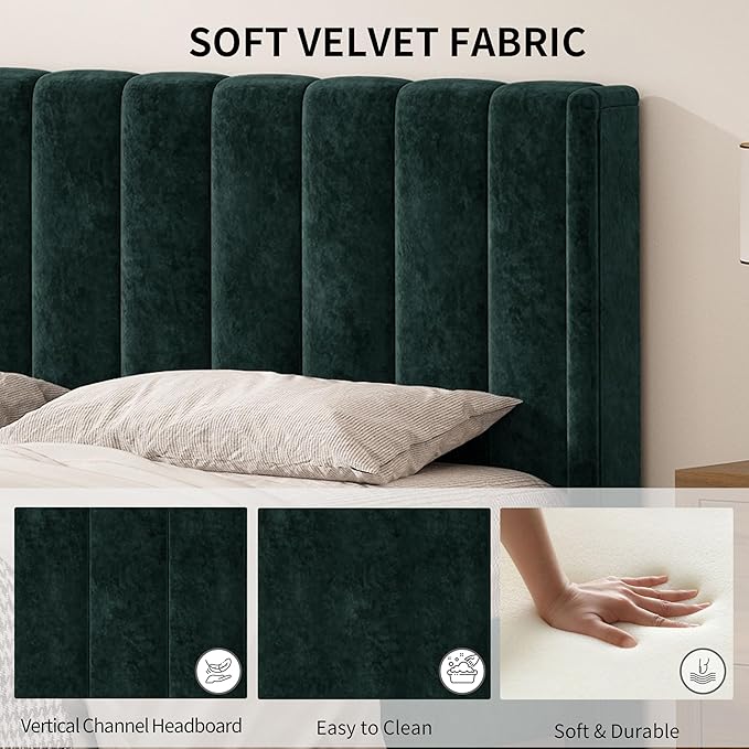 Queen Size Upholstered Platform Bed Frame with Modern Wingback & Vertical Panel Headboard, Velvet Fabric, Wooden Legs & Slats Support, No Box Spring Needed, Noise-Free & Easy Assembly, Ink Green