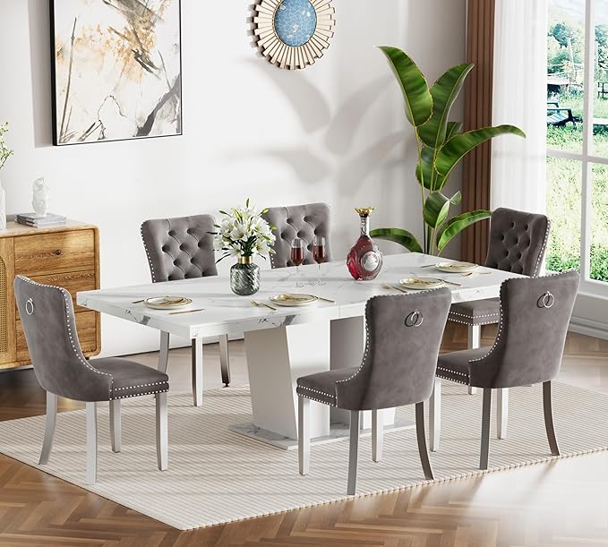 Goujxcy 7-Piece Extendable Dining Table Set for 6-8 People 63-78 Inch Kitchen Table Set with 6 Grey Upholstered Chairs Modern White Faux Marble Rectangular Dining Room Table Set for Kitchen Apartment