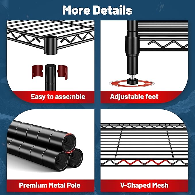 6 Tier Metal Shelving 75" H Adjustable Storage Shelves, 1200LBS Wire Shelving Unit for Storage Rack, Metal Shelves for Pantry Shelves, Garage, Kitchen, 75" Hx 36" Wx 18" D