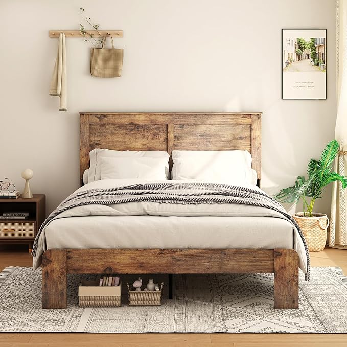 Full Size Bed Frame, Rustic Vintage Platform Bed Frame with Wood Headboard and Footboard, 12 Wood Slats Support, No Box Spring Needed (Dark Brown, Full)