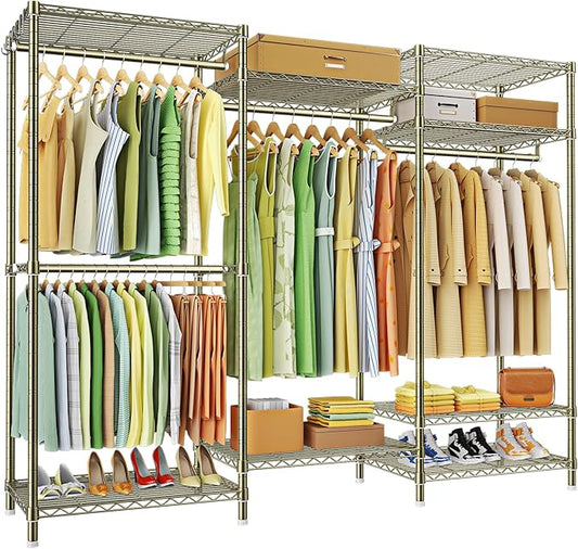 Ulif E13 Heavy Duty Clothes Rack（With 4 Hanger Rods & 8 Shelves） Freestanding Clothing Racks for Hanging Clothes，Adjustable Closet Organizer，Metal Garment Rack 63" W x16 D x77 H，Max Load 900LBS，Gold