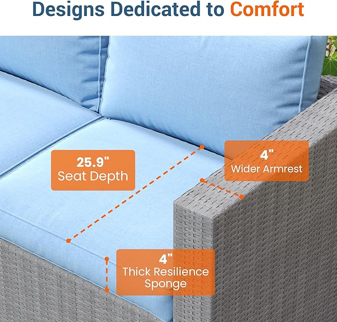 Wisteria Lane Patio Furniture Set for All Wheather, 9 Pieces Wicker Outdoor Furniture Set with Washable Cushions & Fire Pit Table, Oversized Outdoor Sectional for Garden, Poolside, Backyard, Blue