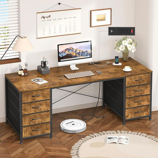 60 Inch Computer Desk with 8 Drawers, Home Office Desk with Power Outlets, Work Study Gaming Desk with 8 Fabric Drawers, Rustic Brown