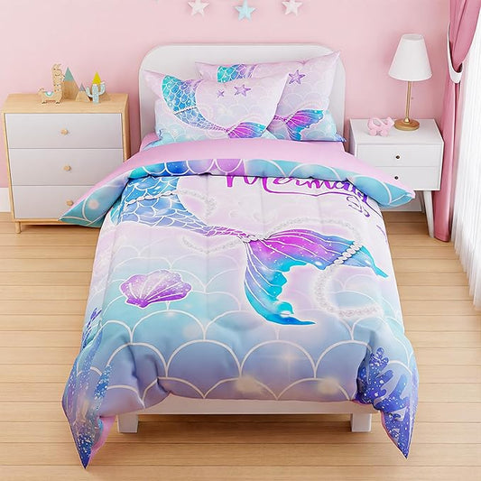 SANDJEST Mermaid Duvet Cover Sets Twin Size for Kids Girls, Include 1 Polyester Comforter Cover 68x86 Inches and 1 Pillowcase 20x26 Inches, Comforter Not Included, Gift for Christmas Birthday