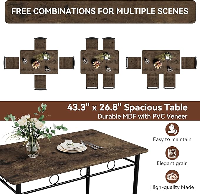 Kitchen Dining Table Set for 4, 5-Piece Kitchen Table Set,Dining Room Table Sets,Rectangular Kitchen Table Set with 4 Chairs for Small Space, Dinette,Apartment, Rustic Brown