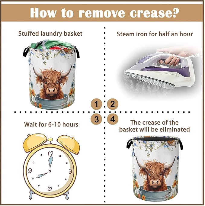 Highland Cow Laundry Hamper,Collapsible Laundry Baskets,Butterfly Flowers Dirty Clothes Baskets with Handles,Oxford Cloth Hamper for Bedroom,Bathroom,College Dorms, 16"x20"