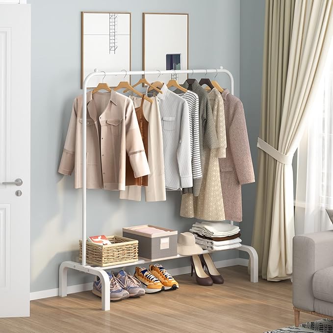 Clothes Rack Metal Clothing Rack with Bottom Shelf Garment Rack for Hanging Clothes Shirts Jeans and Coats White