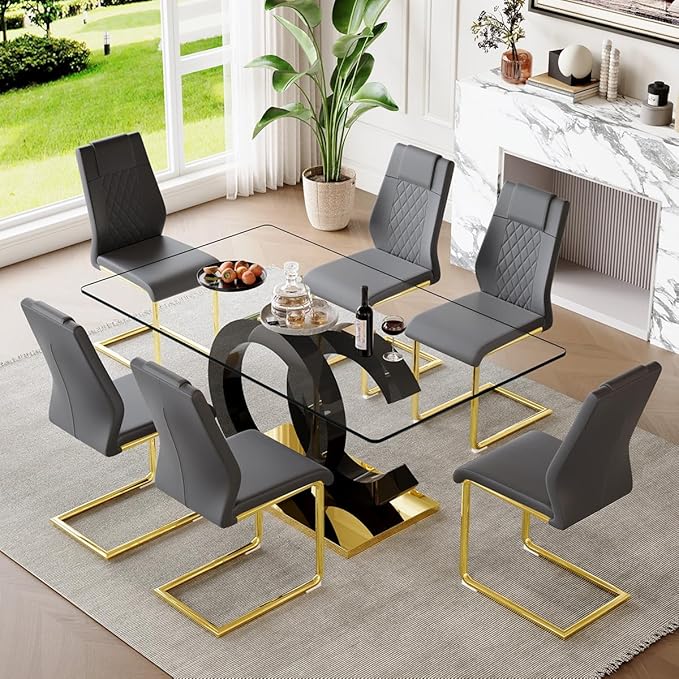 63'' Glass Dining Table Set for 6, Kitchen Table Chairs Set of 6, Clear Glass Dining Table with Black unique design Leg and Gold Metal Base, 6 PU Dining Chairs with Metal Legs, Living Room, Kitchen.