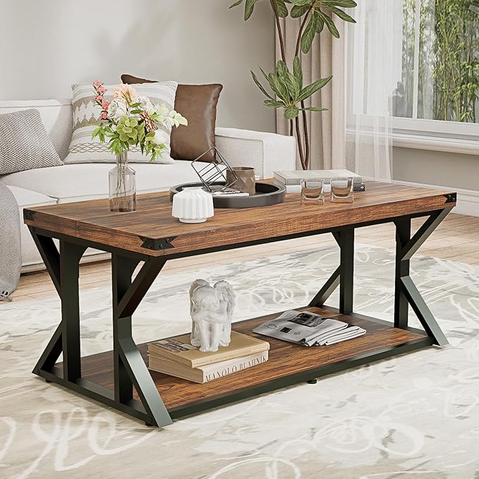43” Industrial Coffee Table, 2-Tier Farmhouse Center Table with Storage Shelf, Angle Iron Top & Metal Frame, Living Room Cocktail Table, Rustic Brown