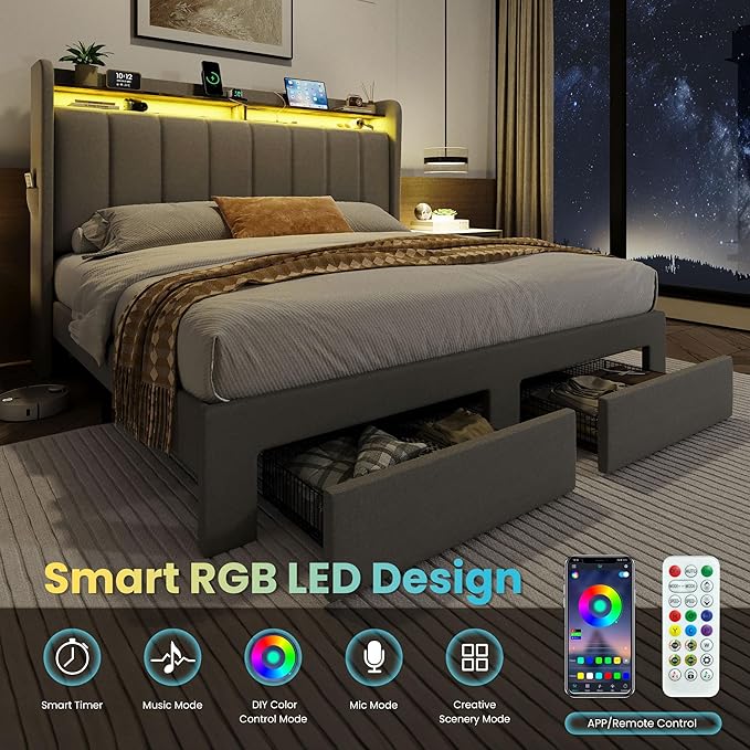 SHA CERLIN Full Size Platform Bed Frame with Vertical Channel Tufted Wingback Headboard & 2 Storage Drawers/2-Tier Shelves with LED Lights & Charging Station/Noise-Free/No Box Spring Needed/Dark Grey