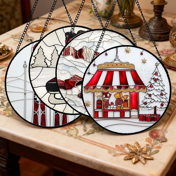 Stained Glass Window Hanging 4 Pcs Set Winter Skiing Red Christmas House 6.3" - Suncatcher Door Garden Sun Catcher Decor Birthday Mother's Day for Mom Woman Nana Friend