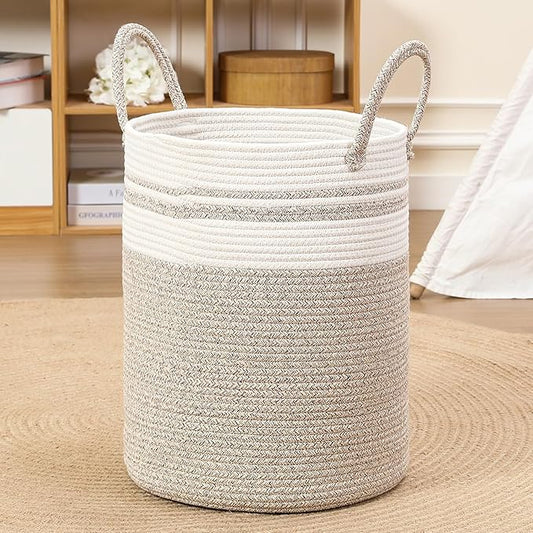 40L Woven Laundry Basket Hamper, 100% Natural Cotton Rope, Handwoven & Durable, Storage for Blankets, Toys, Clothes, Decorative Nursery Hamper for Living Room, Baby Room, Bedroom (Brown with White)