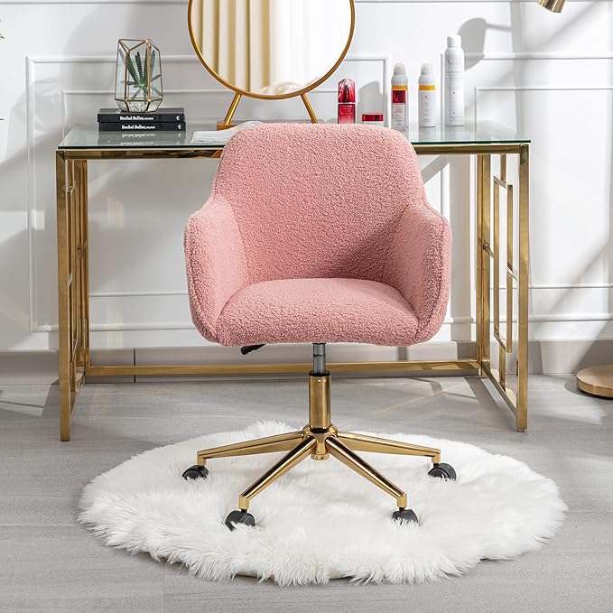 Goujxcy Fluffy Desk Chair, Faux Fur Vanity Chair Swivel Office Chair for Girls Women, Height Adjustable Cute Teddy Furry Makeup Chairs for Bedroom Home Office