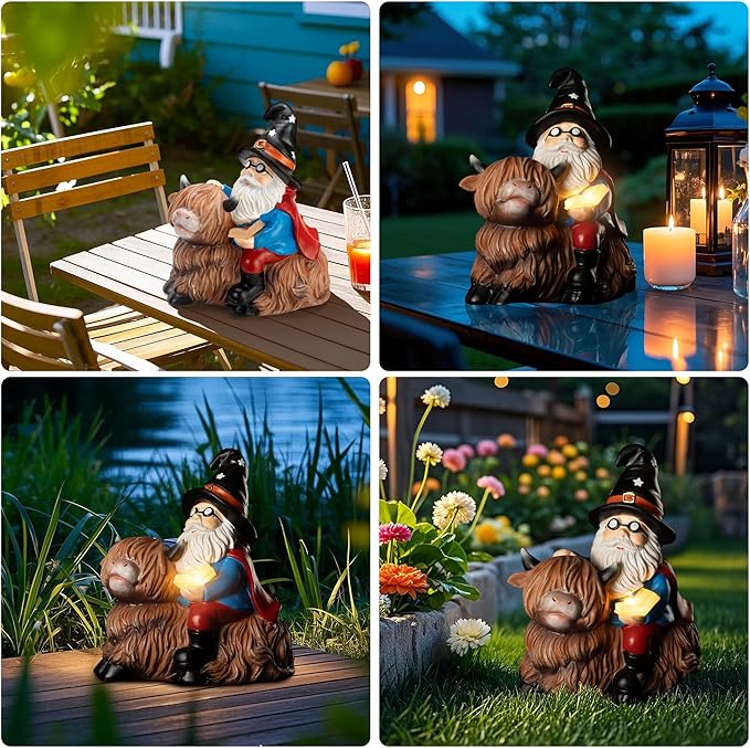 Highland Cow Solar Garden Gnome Outdoor Statue 8 Inch Funny Gnomes Decorations for Yard Lawn Patio Adorable Decor Birthday Gifts for Women Mom Grandma