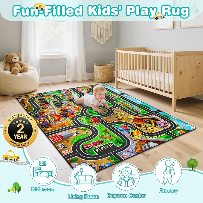 Kids Rug, 5' x 7' FT Non-Slip Monster Truck Play Rug, Extra Thick (0.4in), Educational LearningTraffic Road Car Carpet for Nursery, Classroom, Playroom & Bedroom