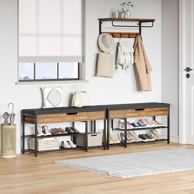 Shoe Rack Bench with Upholstered Cushion, Shoe Storage Bench with Adjustable Shelf and Hidden Storage Compartment for Hallway Entryway Living Room Rustic Brown (2-Tier)