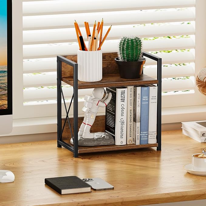 Giikin Kitchen Countertop Organizer, 2 Tier Spice Rack Organizer for Pantry, Kitchen Counter Shelf Wood Coffee Station Organizer (Brown, M)