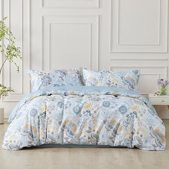SAPHREAS Blue Floral Duvet Cover King Size Geometric Pattern Botanical Blossom Bedding Comforter Cover Set 100% Cotton 1 Duvet Cover 2 Pillow Shams, Comforter Not Included