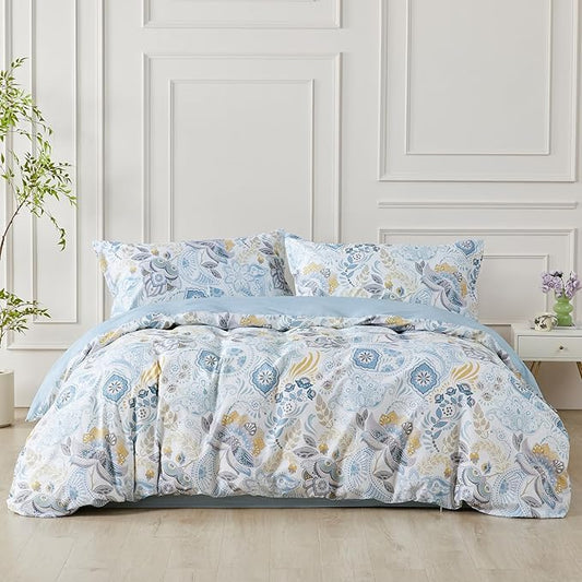 SAPHREAS Blue Floral Duvet Cover King Size Geometric Pattern Botanical Blossom Bedding Comforter Cover Set 100% Cotton 1 Duvet Cover 2 Pillow Shams, Comforter Not Included