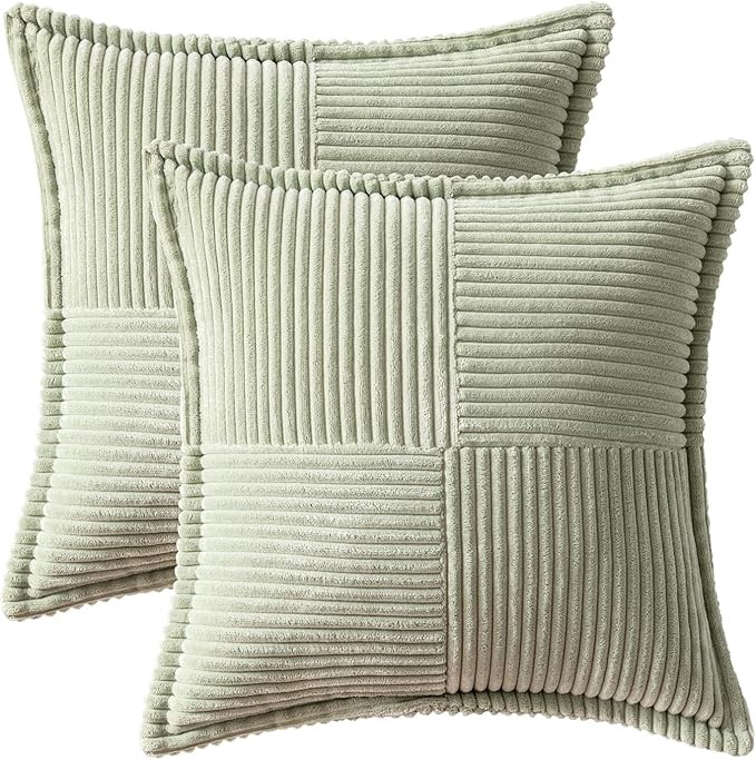 MIULEE Decorative Throw Pillow Covers for Couch Bed Livingroom 20x20 Inch Set of 2 Light Green Boho Accent Throw Pllows Broadside Striped Patchwork Soft Corduroy Summer Pillowcases