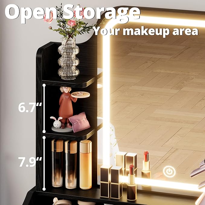 LIKIMIO Small Makeup Vanity Desk with Mirror and Lights, Vanity Table Set with Storage Drawer, Chair and Three Shelves, Bedroom, Black