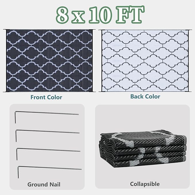 Ogrmar 8x10 FT Reversible Mats, Outdoor Rug for Patio Clearance, Waterproof Carpet, Plastic Straw Rug for Indoor Outdoor, Floor Mat&Rug for RV Porch Camping Backyard Deck Balcony Beach Trailer (Black)