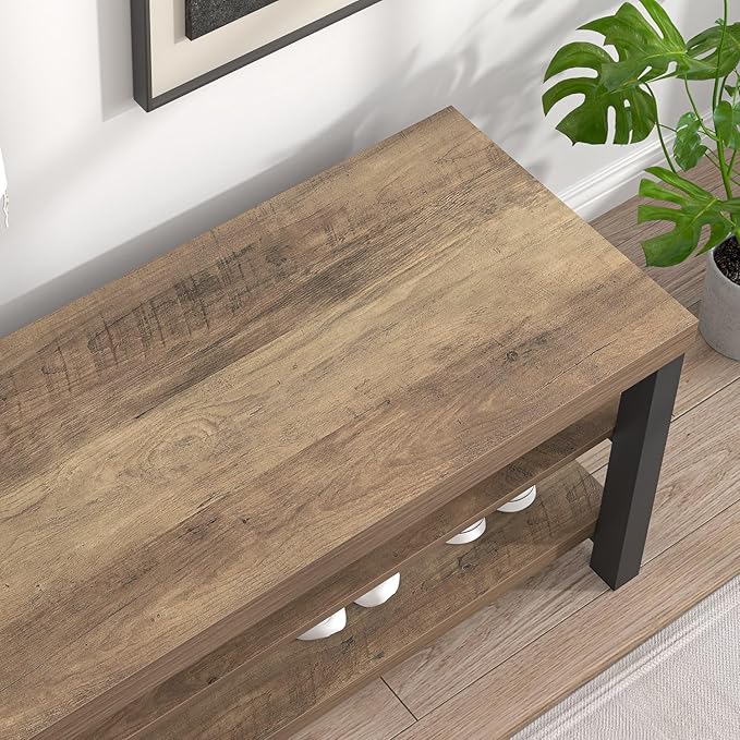 FOLUBAN Shoe Storage Bench, Industrial Entryway Bench, Modern Indoor Wood and Metal Shoe Rack Bench Seat for Bedroom, Hallway, Living Room, Rustic Oak, 47 Inch