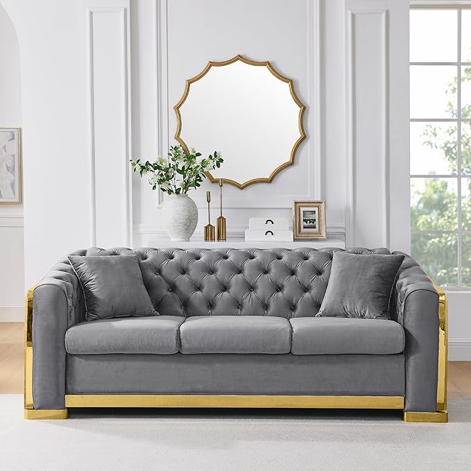 KEIKI 81" Luxury Oversized Velvet Chesterfield Sofa with Gold Stainless Decoration, Mid-Century Style 3-Seater Couch with Tufted Back and Rolled Arms, Easy Assembly, for Apartment, Living Room, Grey