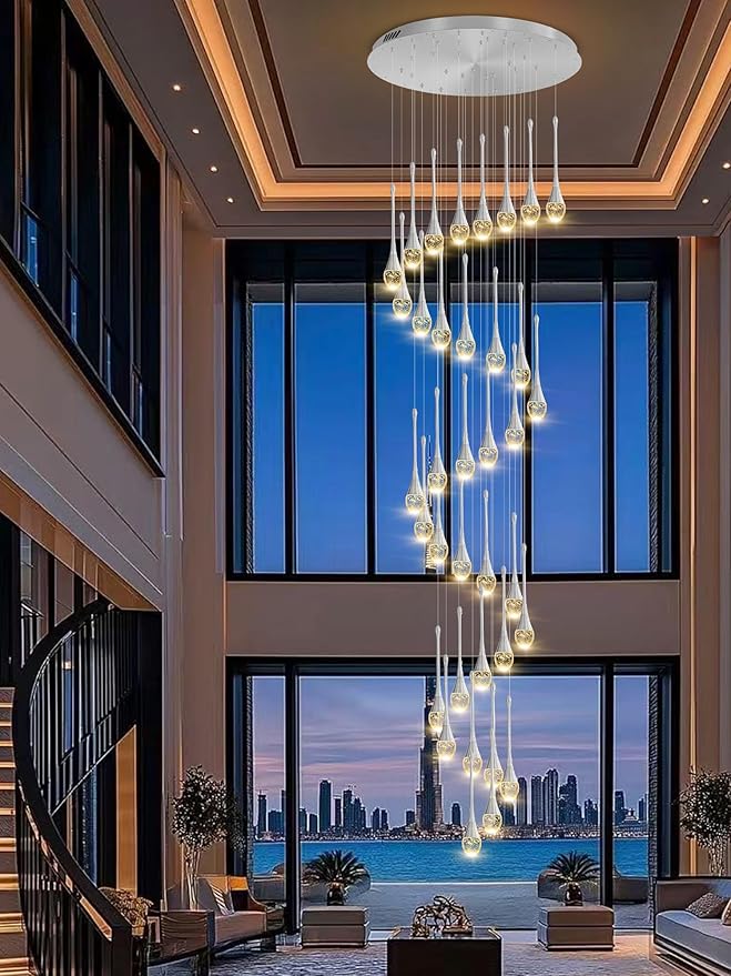 150in High Ceiling Chandelier for Foyer Entrance 36-Light Crystal Silver Chandelier Light Fixture Large Ceiling Light for Living Room Staircase Hallway Dining Room