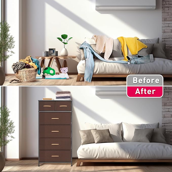 Tall Dresser for Bedroom, Vertical Storage Organizer Tower with 6 Drawers, Chest of Drawers with Fabric Bins, Steel Frame, Wood Top for Bedroom, Closet, Entryway- Brown